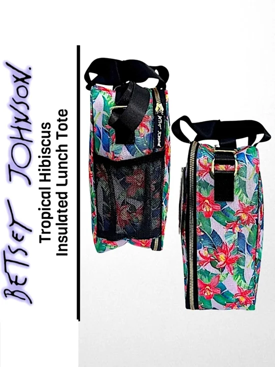 Betsey Johnson Tropical Hibiscus Lunch Tote Pink And Green Insulated - Picture 3 of 6